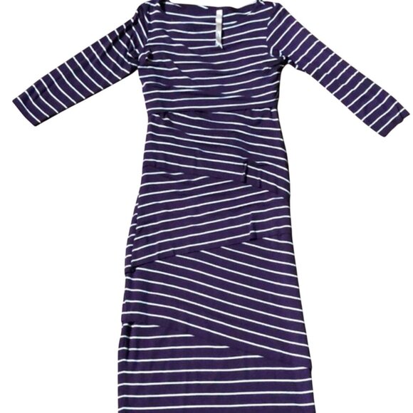 ANTHROPOLOGIE BAILEY 44 Purple Cream Stripe Bodycon Stretch Midi Dress S Knit - Picture 1 of 7